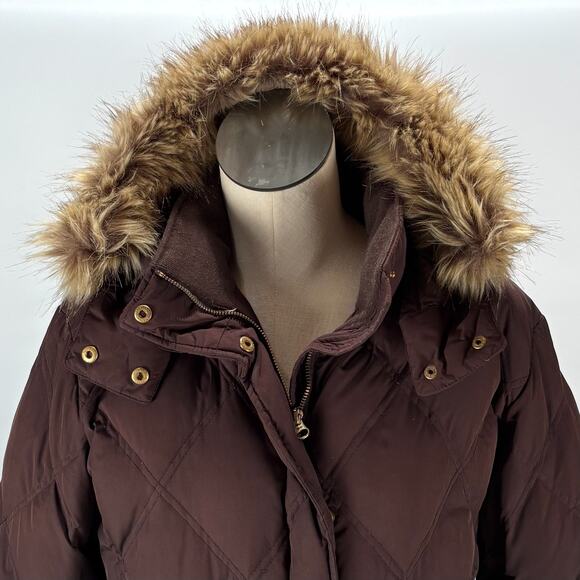 Lands End Down Jacket Womens Large 14-16 Brown Down Filled Zip Up Coat Fur Hood - Picture 4 of 14